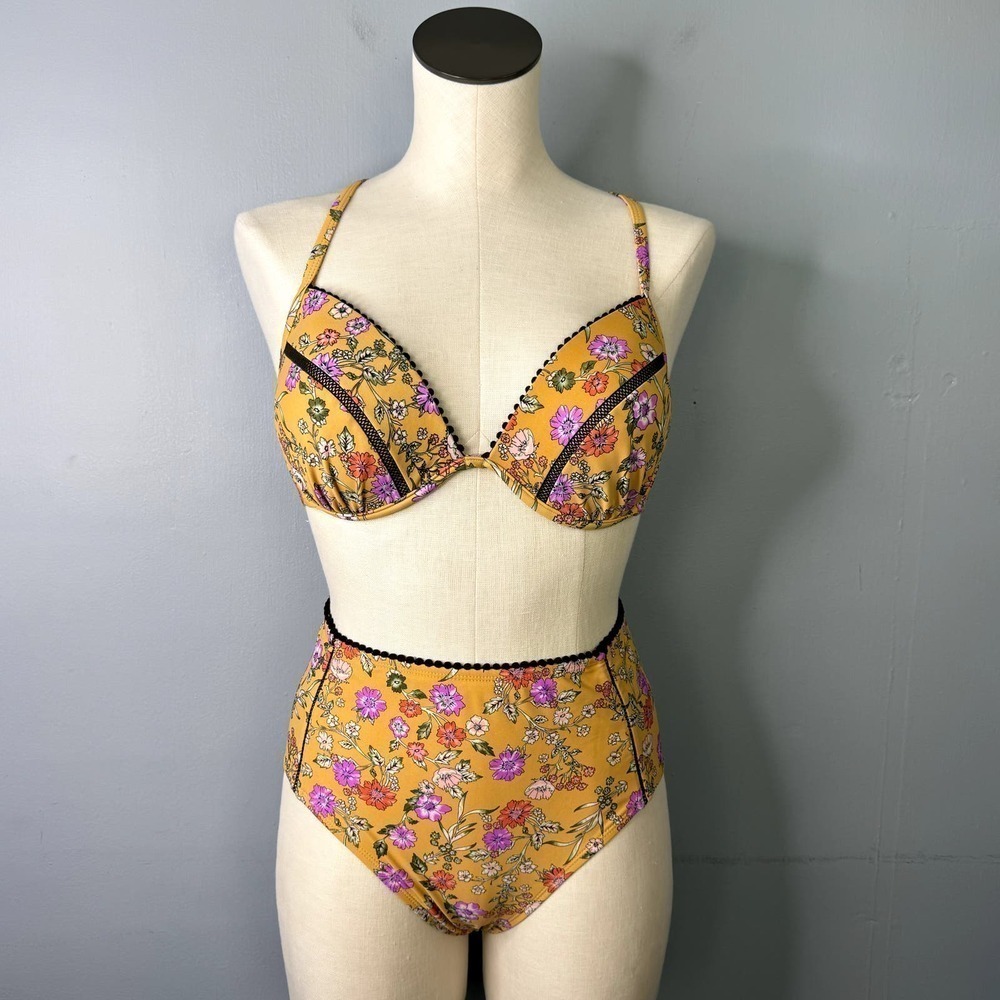 Time and Tru Floral Push Up Bikini Top Size L High Waist Swimsuit Bottoms Size S